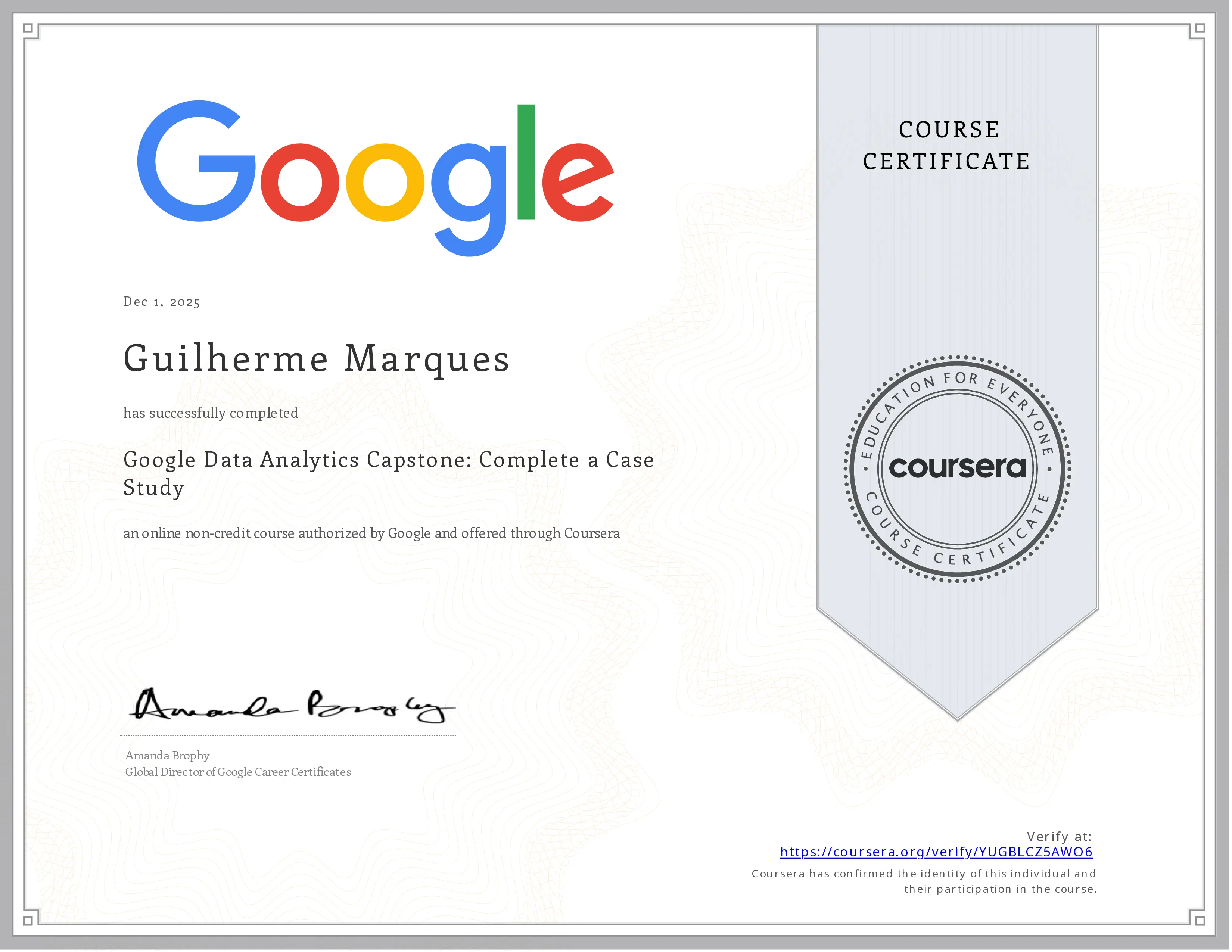 Certificado Google Data Analytics Professional Certificate
