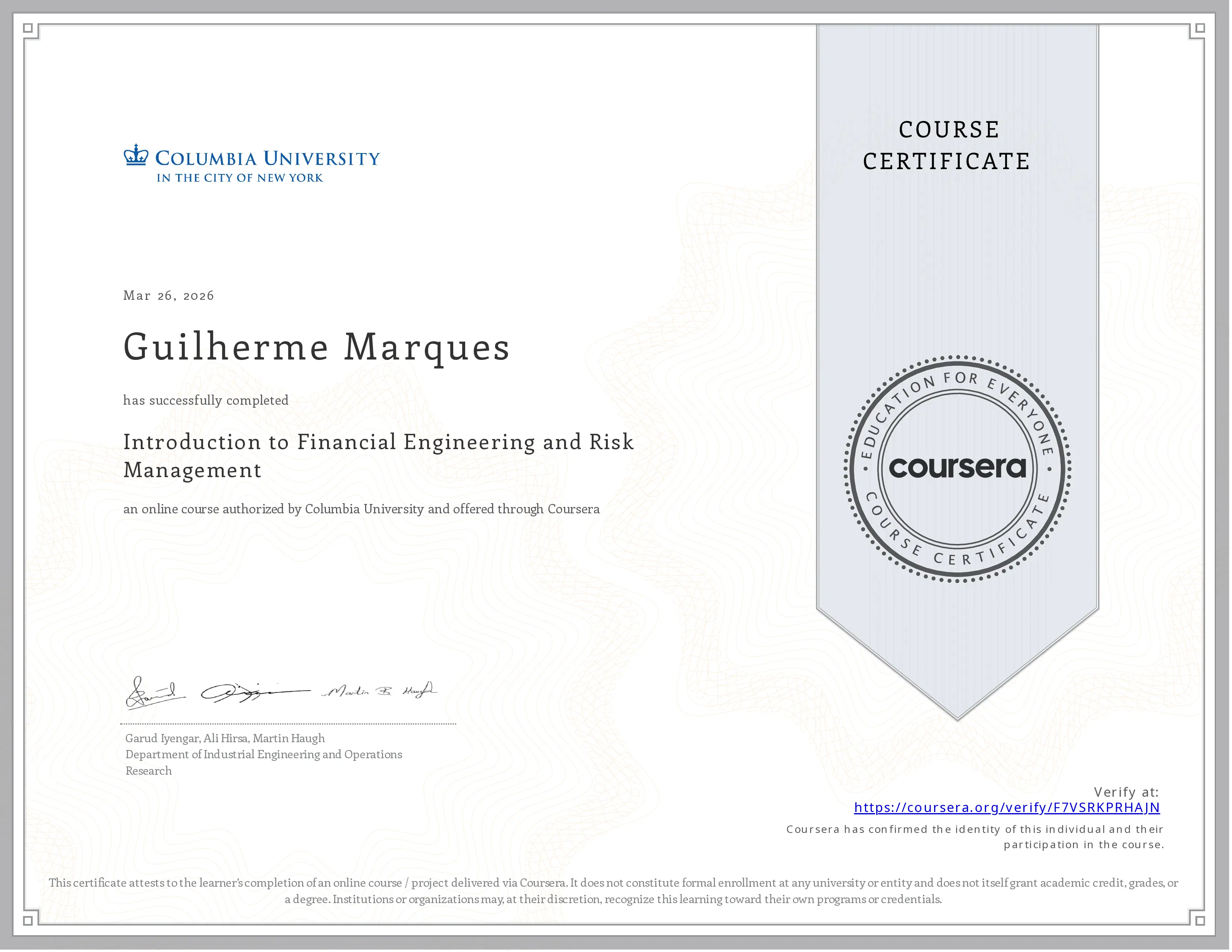 Certificado Financial Engineering and Risk Management