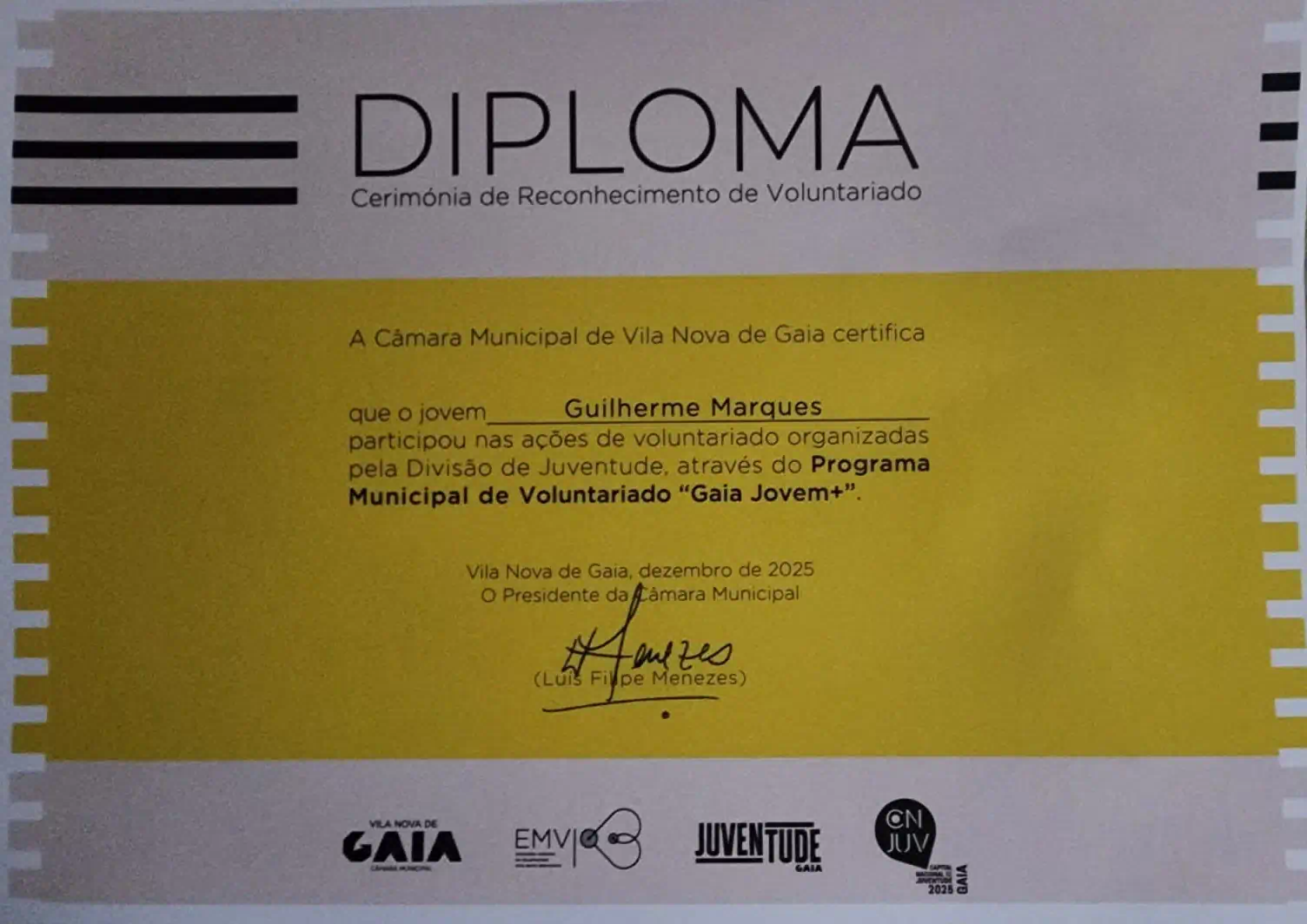 Diploma de Voluntariado Juventude de Gaia